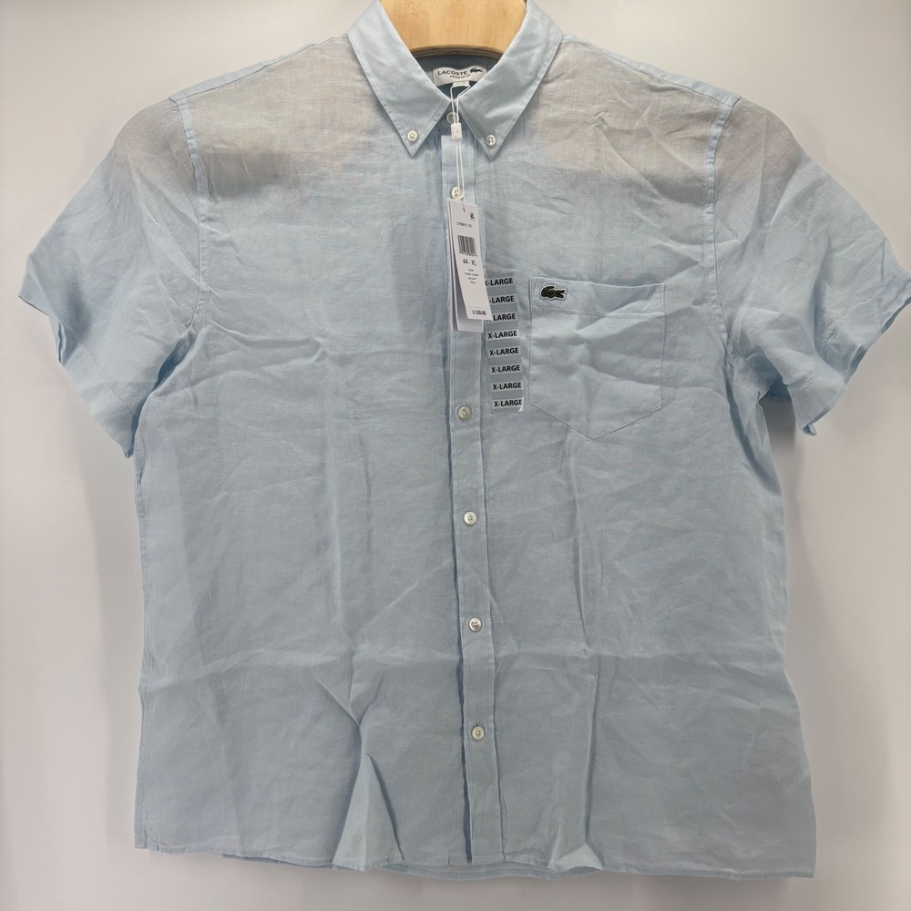 Lacoste Button Down Shirt Men XL Light Blue 100% Linen Short Sleeve NWT CH5699 - Picture 2 of 7
